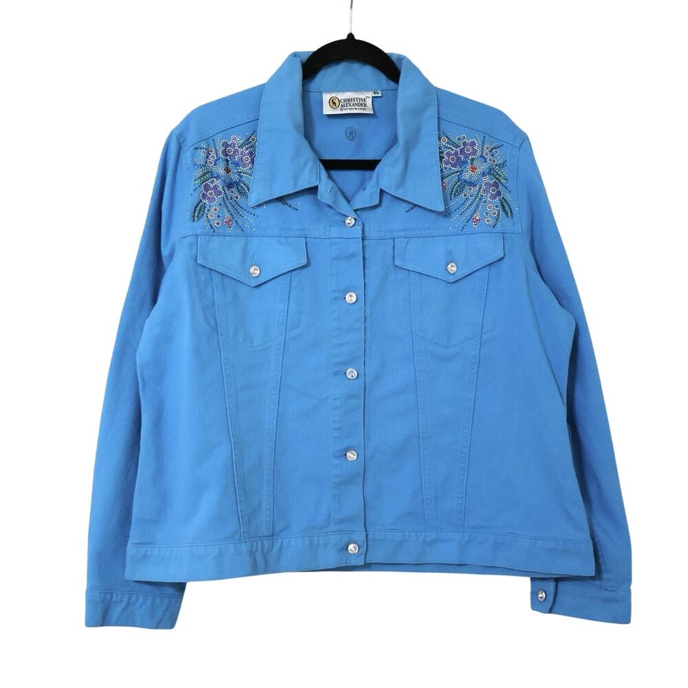 Vintage Christine Alexander Rhinestone Spring Flower Blue Jacket XL Cottagecore